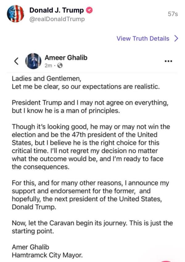 Facebook post written by Amer Ghalib endorsing Trump